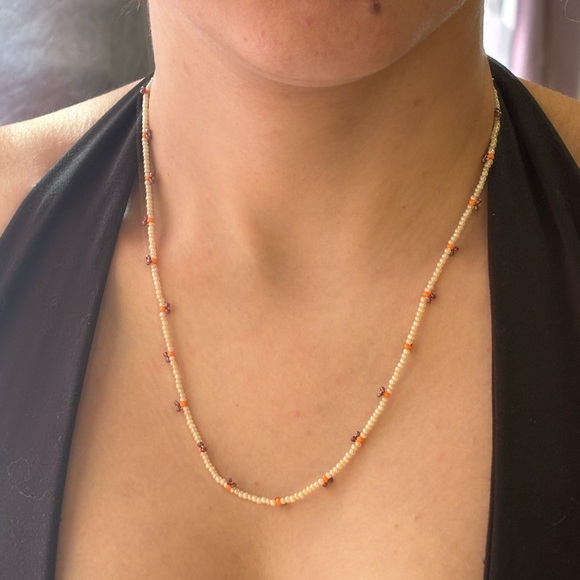 Handmade Delicate Cream Beaded Necklace with Orange Accent - Picture 2 of 5